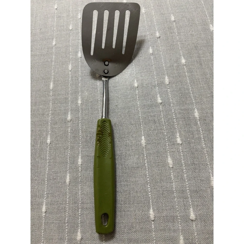 Vintage Foley USA Slotted Angled Spatula Green Short Handle Chrome Plated 9.5